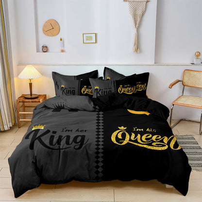 3pcs Fashionable Black Gray Queen & King Crown Printed Bedding Set.   Duvet Cover,  Soft  Comfortable And Breathable, Bedroom