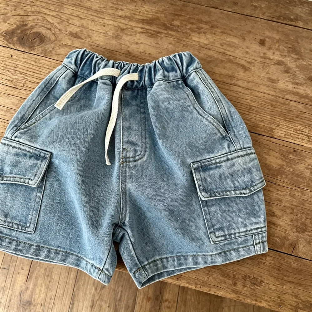 Kids Denim Cargo Shorts, 2-8Y,  Casual Summer Jeans /Bottoms  with Elastic Waistband.  Comfortable Childrens Outdoor Wea.