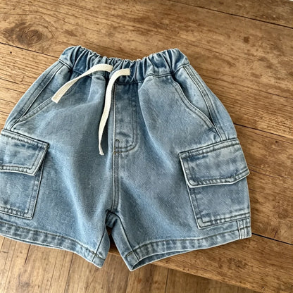 Kids Denim Cargo Shorts, 2-8Y,  Casual Summer Jeans /Bottoms  with Elastic Waistband.  Comfortable Childrens Outdoor Wea.