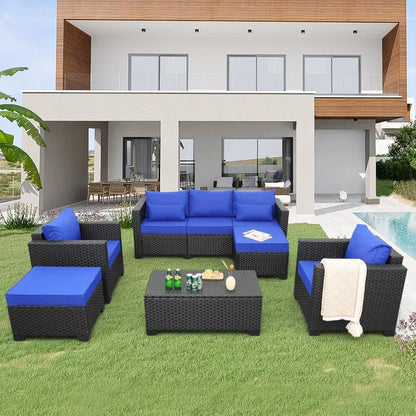 6 Pieces Patio Wicker Furniture Set,  Outdoor PE Rattan Conversation Couch,  Sectiona, l Chair /Sofa Set with Royal Blue