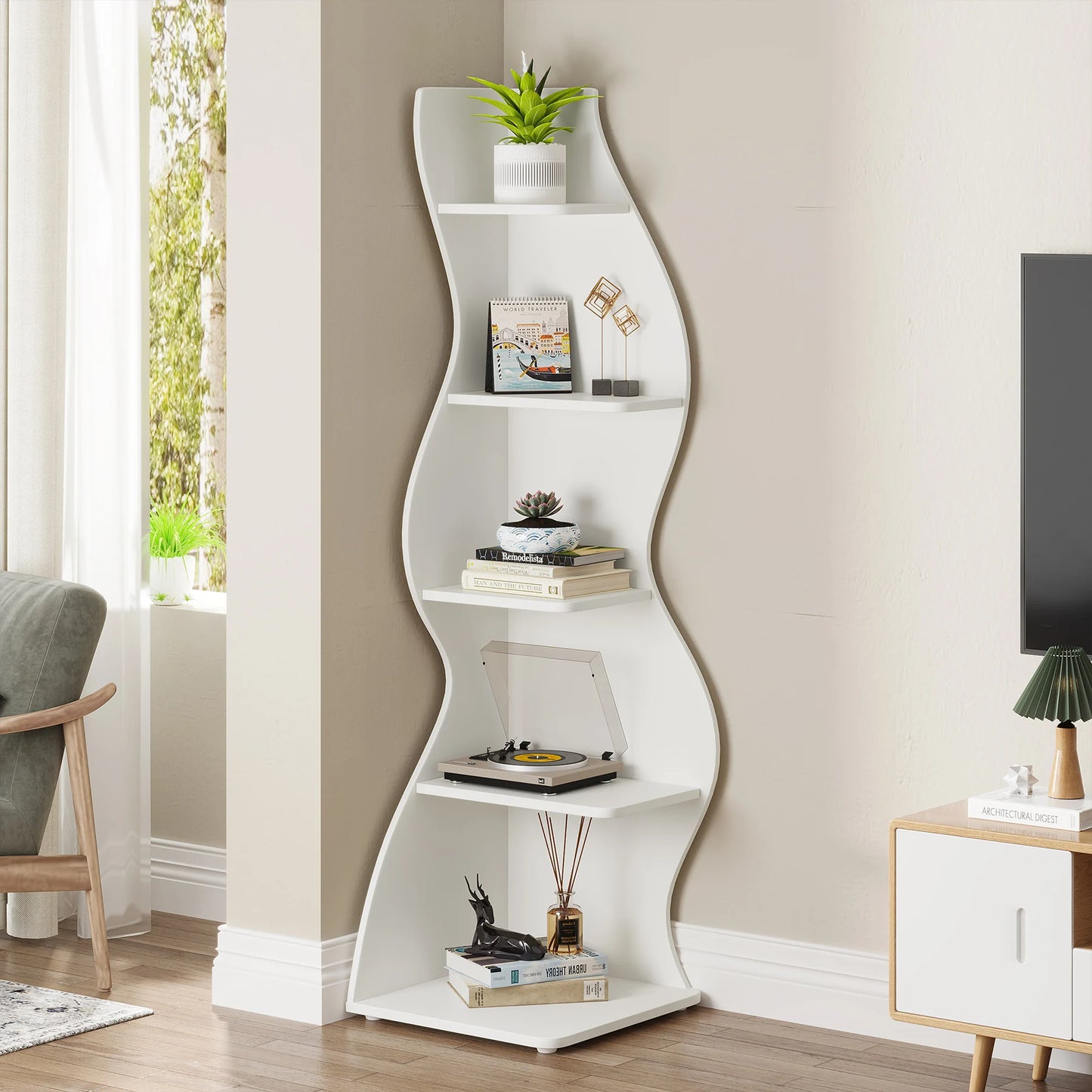 Corner Shelf, Modern 5-Tier Corner Bookshelf, Stylish Corner Small Bookcase, Storage Rack,  Plant Stand