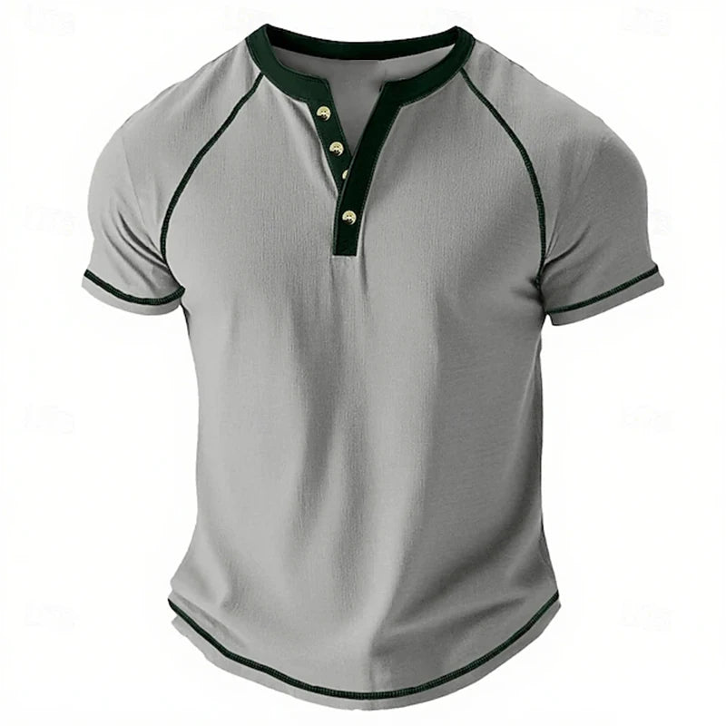 Retro Men's Button-Down T-Shirt  (HENLEY-STYLE), Minimalist Print T-Shirt,  Loose-Fit,  Casual Summer Shirt,  Stylish Streetwear Men.