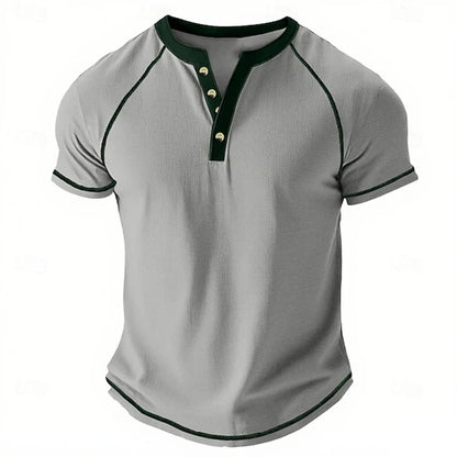 Retro Men's Button-Down T-Shirt  (HENLEY-STYLE), Minimalist Print T-Shirt,  Loose-Fit,  Casual Summer Shirt,  Stylish Streetwear Men.