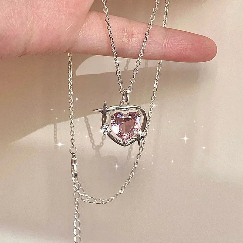 Fashion Pink Crystal Heart Bow Tie Pendant Necklace. Silver Color Chain.  Necklace for Women on Valentines for Aesthetic Jewelry