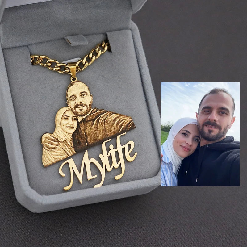 Custom Picture Nameplate Pendant, with Custom Photo Necklace,  Engraved Portrait.   Christmas Gift for Kids Jewelry Family Gifts