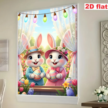 2D flat - 1 Easter party banner: Polyester flat banner with rabbit, Easter egg, tulip and curtain design