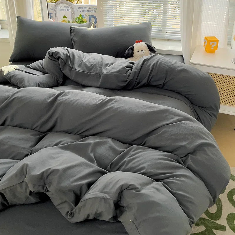 Solid Bed Linen Cotton Bedding Set 4pcs with Sheet Duvet Cover,  Pillowcases, Single/  Couple Bedsheet Single / Couple Twin Size
