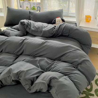 Solid Bed Linen Cotton Bedding Set 4pcs with Sheet Duvet Cover,  Pillowcases, Single/  Couple Bedsheet Single / Couple Twin Size
