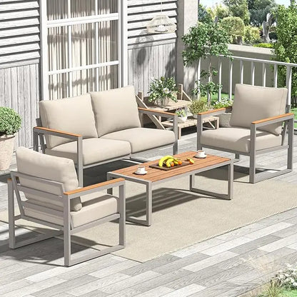 4 Pieces Outdoor Patio Furniture with Coffee Table Set, Metal Patio Set with Washable Cushions