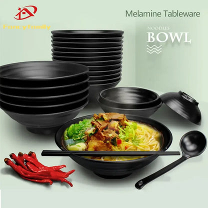 Fancy family Black Frosted Melamine.  Japanese Style Beef Ramen Bowl with Bamboo Hat Shape . Soup Bowl Tableware