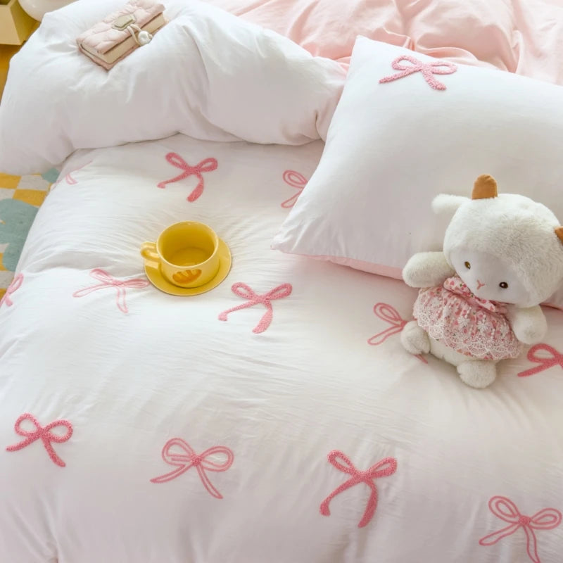 3 Piece Sheet Set  pink bowknot embroidery duvet cover Set ， comfortable Bedding Set Bedspread for All Season