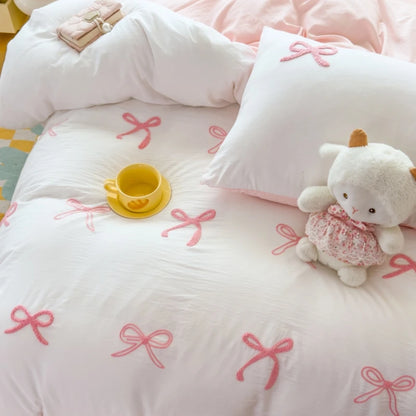 3 Piece Sheet Set  pink bowknot embroidery duvet cover Set ， comfortable Bedding Set Bedspread for All Season