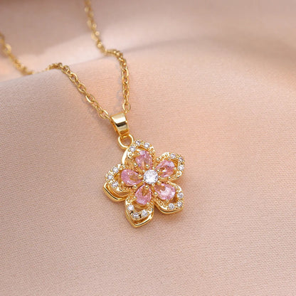 Shiny Zircon Romantic Flower Pendant, Necklace For Women Gold Plated Rotatable Flowers Choker for Girls , Wedding Party,  Luxury Jewelry