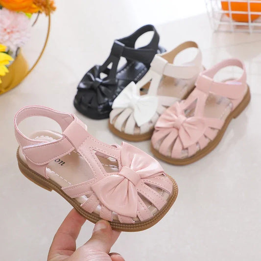 Cute Girls Sandals with Bow Peep-toe.  New Soft,  Hook & Loop Pink, and 3 other colors. Kids Princess Shoes,  Casual Sandals with  Non-slip feature