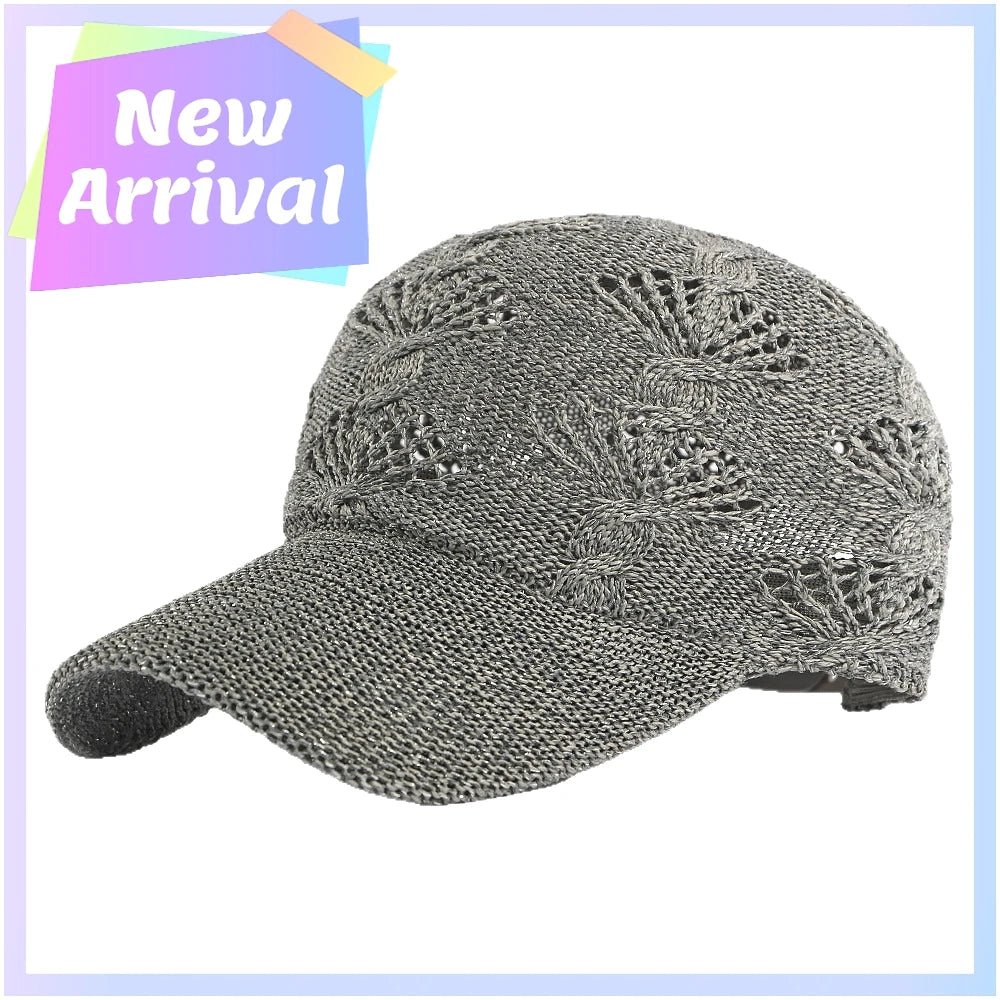 Summer Glossy Openwork Knit Baseball Cap for Women,Outdoor Sun Protection Hat Breathable Flattering Versatile.  BEIGE and KAIKI are gone.  Other colors are GOOD.