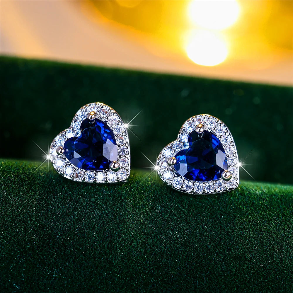Cute Female Black/Green/Red/White/Blue Small Heart Stud Earrings .  Vintage Wedding Jewelry For Women