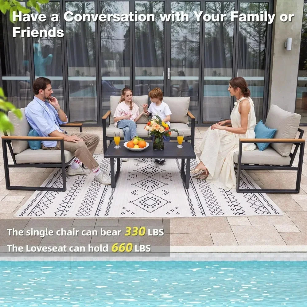 4 Pieces Outdoor Patio Furniture with Coffee Table Set, Metal Patio Set with Washable Cushions