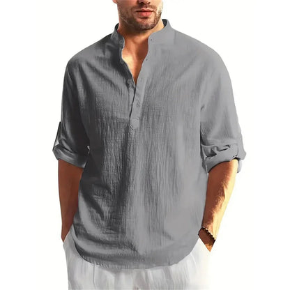 Autumn Men's Cotton /Linen Long Sleeve T-shirt Solid Color Henley Collar Lightweight Breathable Men's Casual Button Top