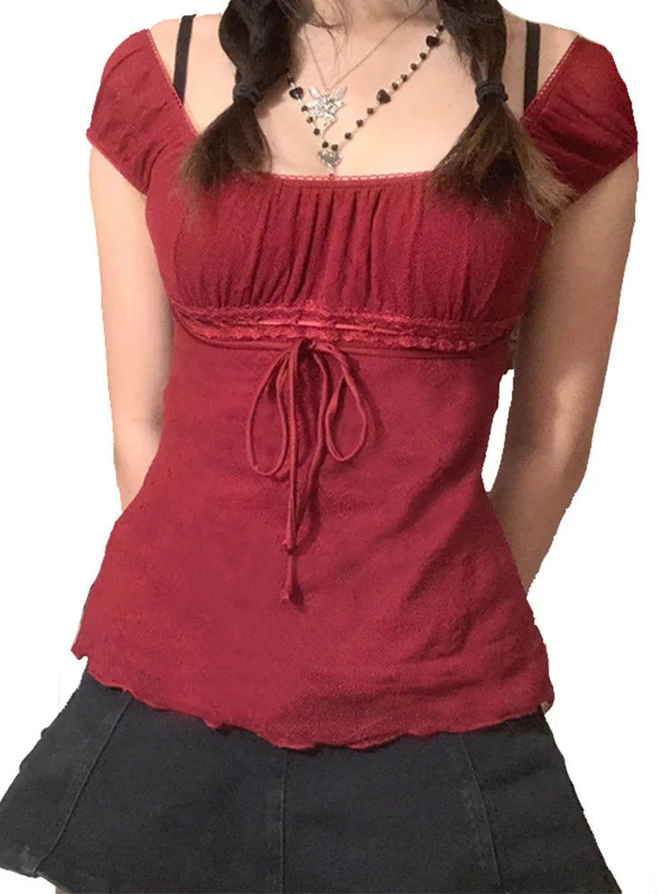 Aestheticly Sweet Lace Tops for  Women/GIRLS,  Off- Shoulder,  Drawstring T-shirt,  Female Tee Streetwear