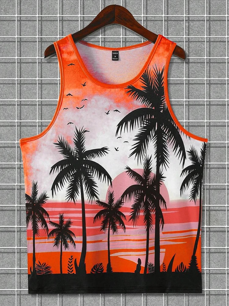 Summer Casual Men's Sleeveless T-shirts,One color bleeding into the next (in a gradient manner)and also VACATION Pictures/Island scenes and  Hawaiian  Land-scapes. Fashion O-Neck,  Tank Top for  Outdoor Beach or just loungin