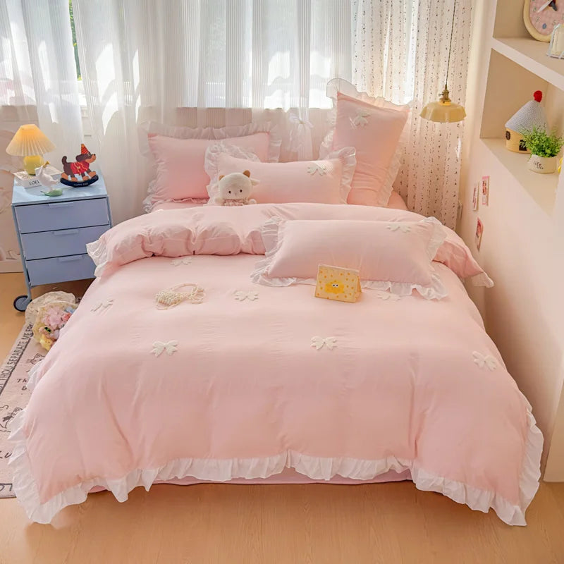 3 Piece Sheet Set  pink bowknot embroidery Quilt Set ， comfortable embroidery  Bedding Set Bedspread for All Season