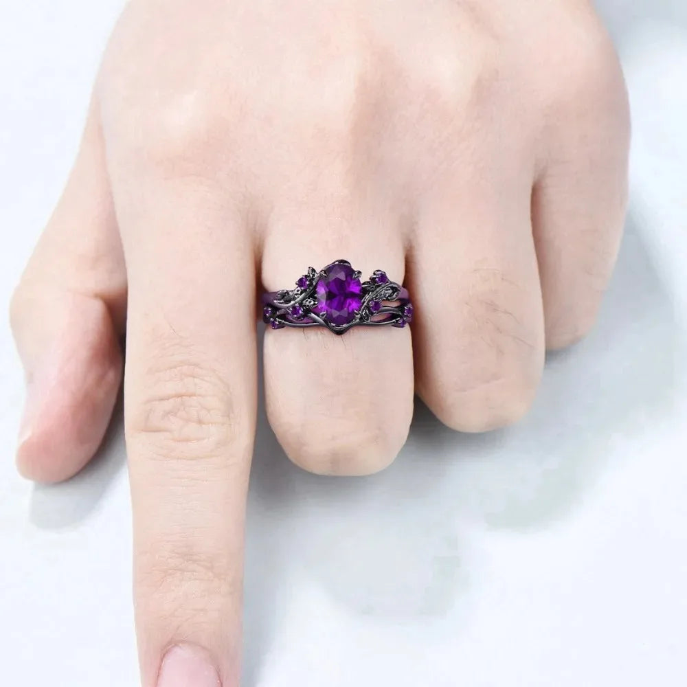 Charming Couple Rings.  Romantic Womens Purple Rhinestones CZ Rings Set.  Trendy Mens Stainless Steel Celtic Dragon Rings  for Weddings, Engagements and Occasions