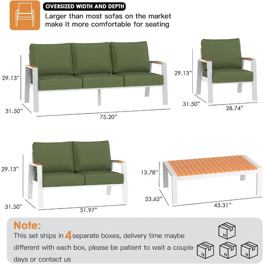 Outdoor Couch,  Aluminum Patio Furniture Set,  All-Weather Metal 3-Seat Sofa with Solid Teak Armrest and Thick Cushions,