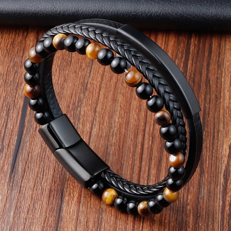 Braid Rope Bracelet For Men.   Stainless Steel, Magnetic Buckle,   Genuine Leather Bracelets & Bangles Male /Female Jewelry