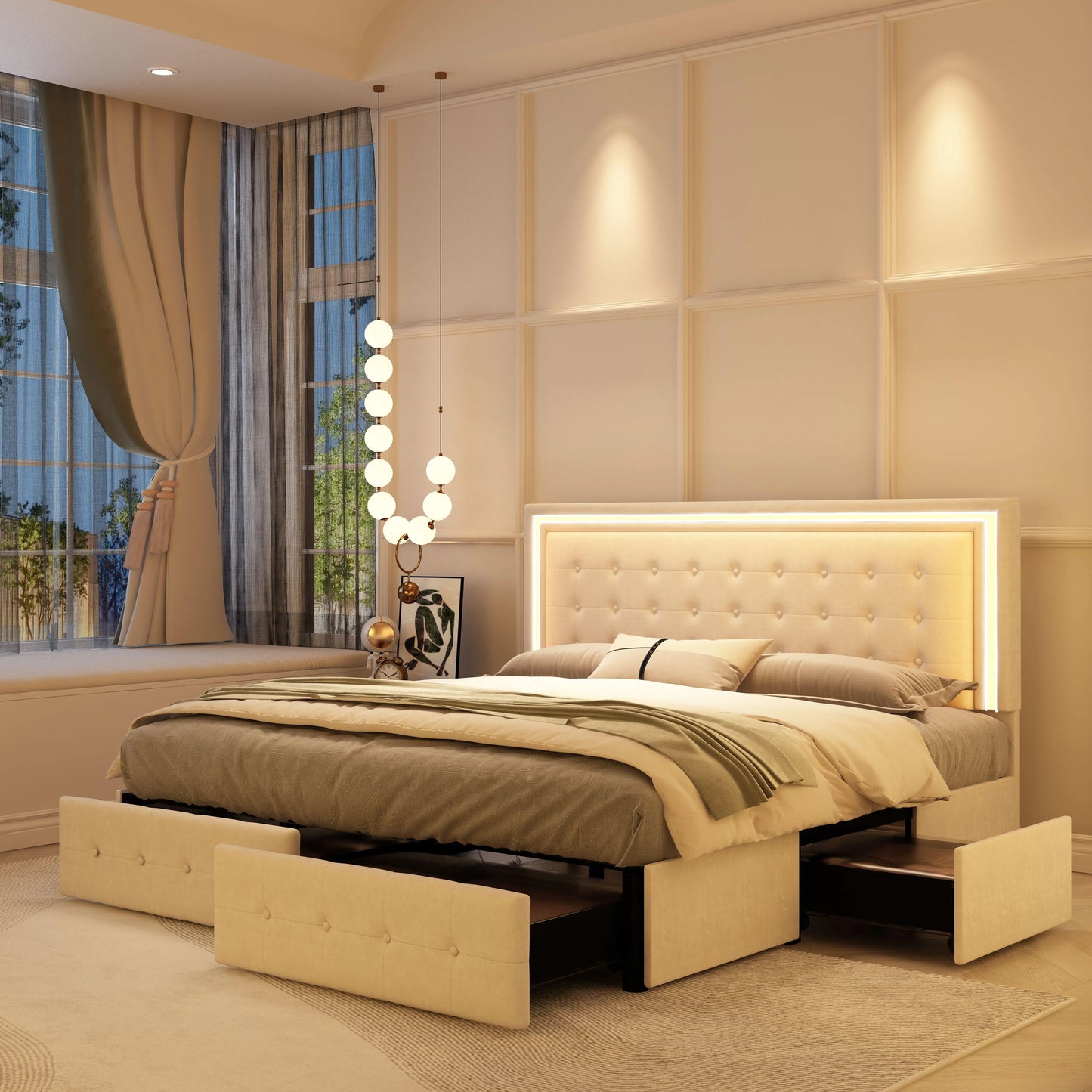 Queen LED Bed Frame with 4 Storage Drawers, Headboard, PU Upholstered, No Box Spring Needed, 900 lbs Support