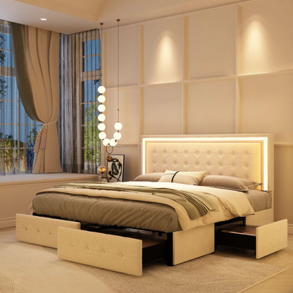 Queen LED Bed Frame with 4 Storage Drawers, Headboard, PU Upholstered, No Box Spring Needed, 900 lbs Support