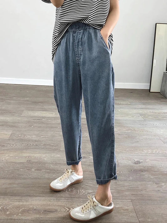 Summer Plus Size Jeans  for Woman/Girls.   Casual,  Loose,  Baggy, Denim Harem Pants with Elastic Waist,  Thin Cotton Jeans Ankle-Length