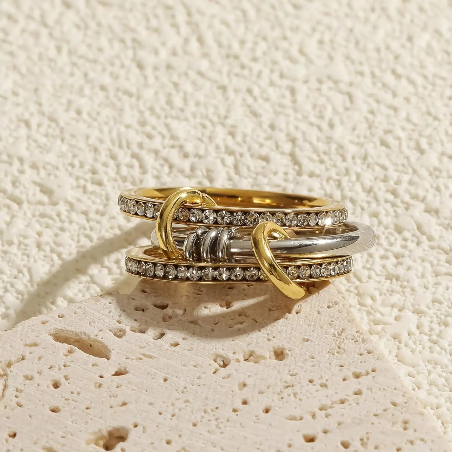 New Stainless Steel Cubic Zirconia Stackable Rings for Women  with 18k Gold- and ,Plating Multi-Link Connected Statement Ring,  Stacked Jewelry