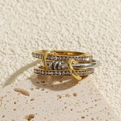New Stainless Steel Cubic Zirconia Stackable Rings for Women  with 18k Gold- and ,Plating Multi-Link Connected Statement Ring,  Stacked Jewelry