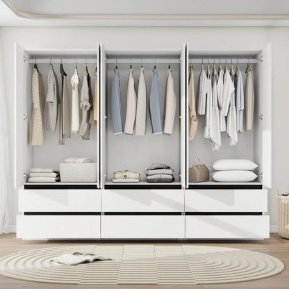 75" Wardrobe Closet with 6 Doors & 6 Drawers, White Wooden Armoire for Bedroom