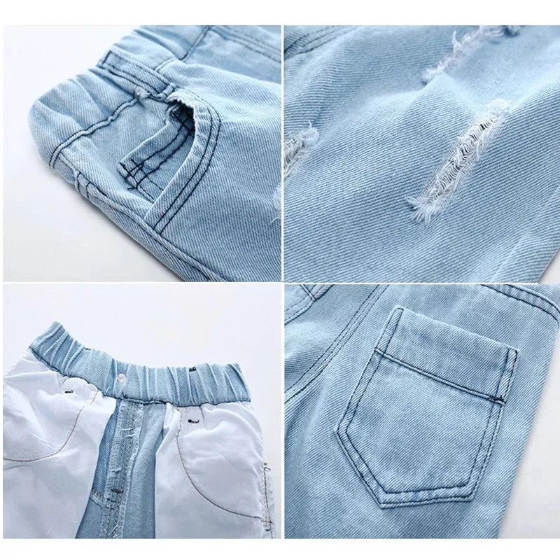Boys  Summer Shorts,  Casual Torn Jean,  Knee Length Denim Pants,  Baby Elastic Waist,  Infant  Trousers (2-8yrs )