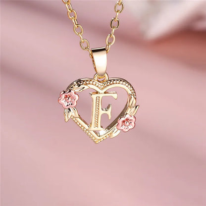 A-Z Letter Flower Pendant Necklace,  Yellow Gold  Wedding Jewelry GifTS
