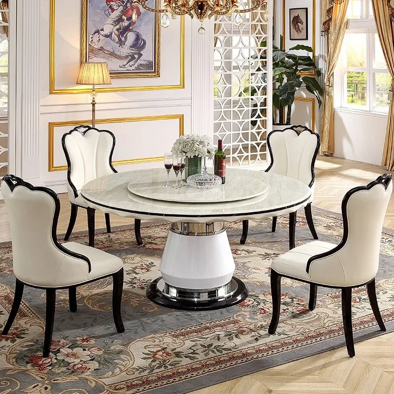 Marble, round dining table and chair combination, black and white simple, modern,  light luxury dining table with turntable