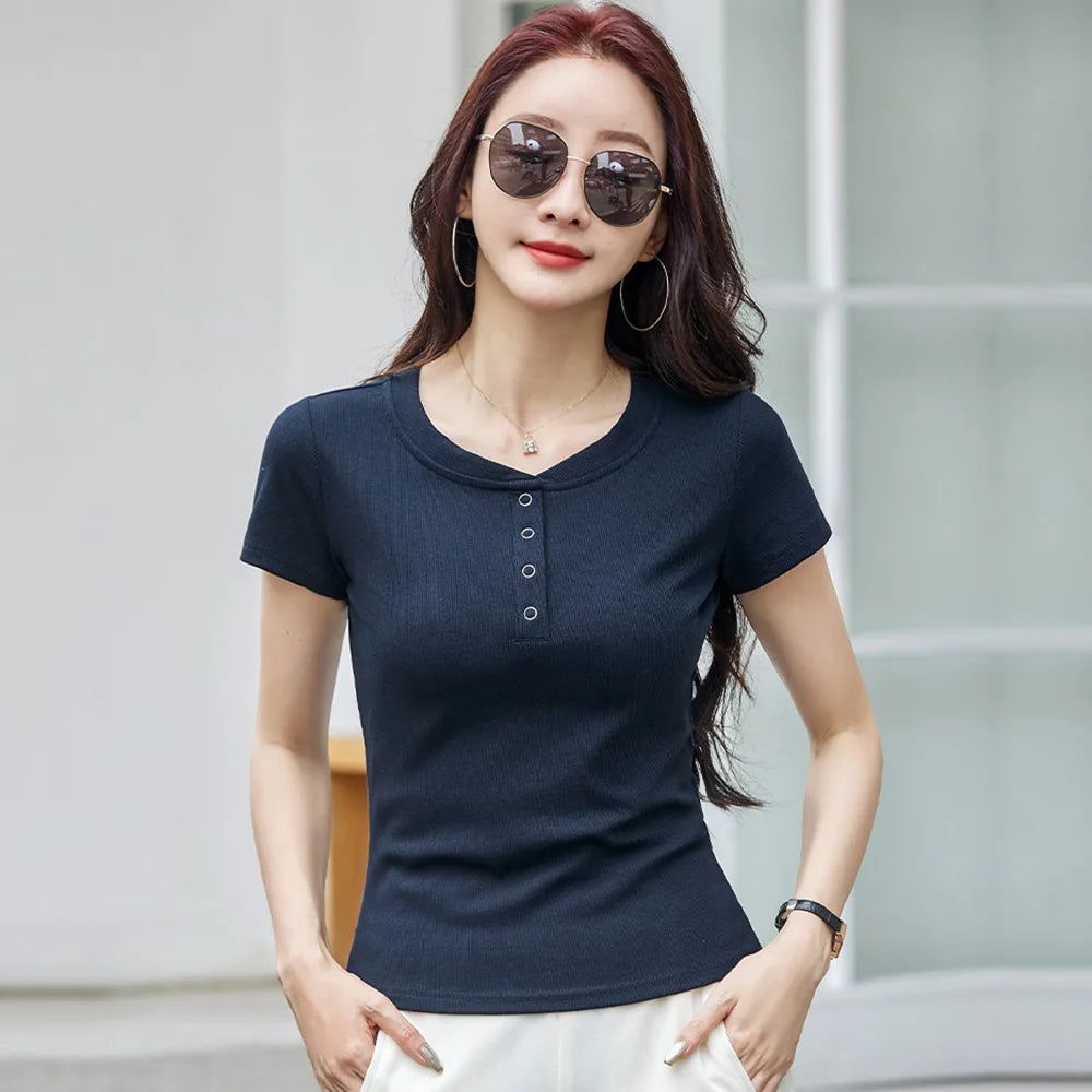 New Women Casual T-shirt Summer Fashion O-Neck Short Sleeve Solid Color Slim Tees Simplicity Basic Short T-shirt Female 4 colors, well-stocked.