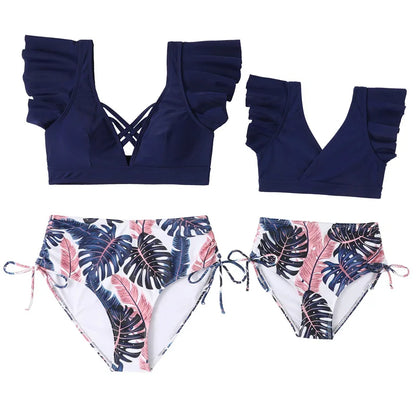 Ruffled Mother /Daughter Matching Swimsuits,  O-Neck,  Mom /Baby,  Woman /Girls Swimwear