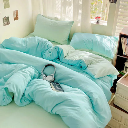 Solid Bed Linen Cotton Bedding Set 4pcs with Sheet Duvet Cover,  Pillowcases, Single/  Couple Bedsheet Single / Couple Twin Size