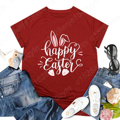 Cute Happy Easter Bunny Print T-Shirts  for Junior Women , Short Sleeve,  Round Neck Tee Shirt Casual,  Soft Summer,  Solid Color T Shirt /Tops