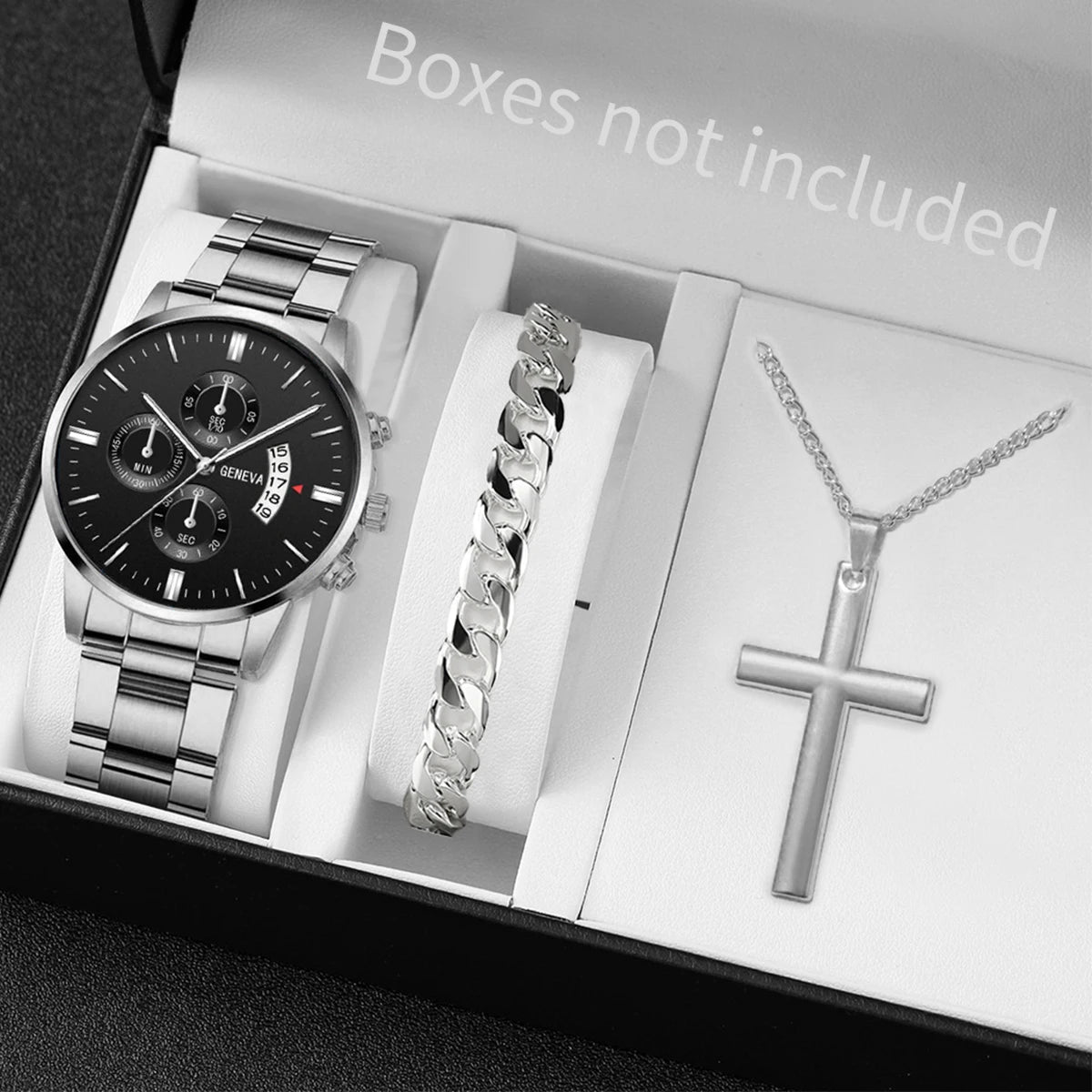 3PCS/Set Fashion Men's Stainless Steel Band Watch,  Casual,  Calendar Quartz Watch Jewelry Set（Without Box）Both Colors are Available