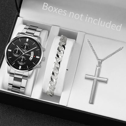 3PCS/Set Fashion Men's Stainless Steel Band Watch,  Casual,  Calendar Quartz Watch Jewelry Set（Without Box）Both Colors are Available