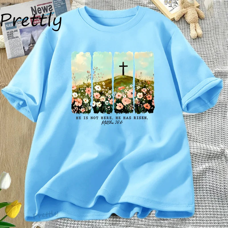 He Is Risen. Wildflower Print Tshirt  for Spring, Easter Designs. T-shirt Women Trendy Easter Christian