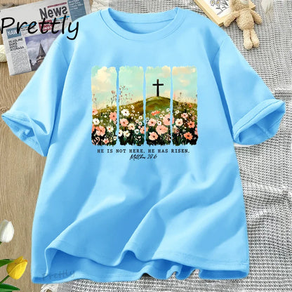 He Is Risen. Wildflower Print Tshirt  for Spring, Easter Designs. T-shirt Women Trendy Easter Christian