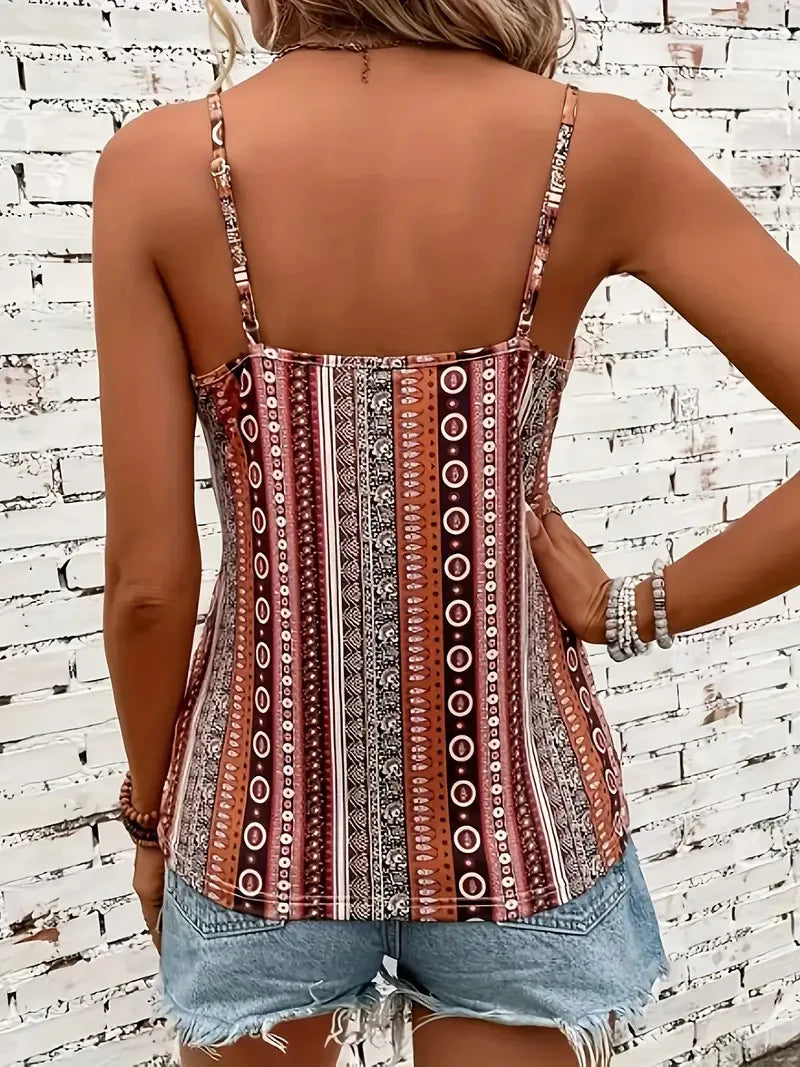 Women's sexy V-neck chain printed front,  twisted back camisole top,  made of polyester fabric with spaghetti pattern.  BROWN in S, M, and L is unavailable. BROWN IS Available in XL and XXL.  PINK is  TOTALLY available.  No o
