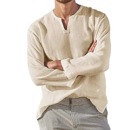 Men's Long Sleeve  / Cotton Linen Shirt.  Solid Colors,  Breathable Cozy Tops  with V -Neck Casual, Hawaiian -Style and Lightweight