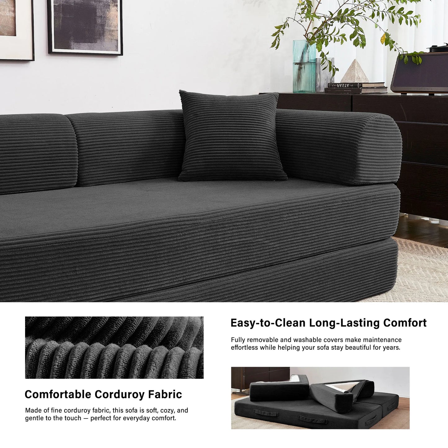 79'' Boneless Couch Foldable Convertible Futon Sleeper Sofa Bed,  Floor Lounge with L-Shaped Armrests for Living Room Sofas