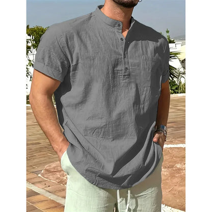 Summer Hot Sale  on Men's Cotton Linen T-shirt,  Henley Neck,   Casual,  Breathable,  Lightweight Solid Color,  Pocket Button Tops