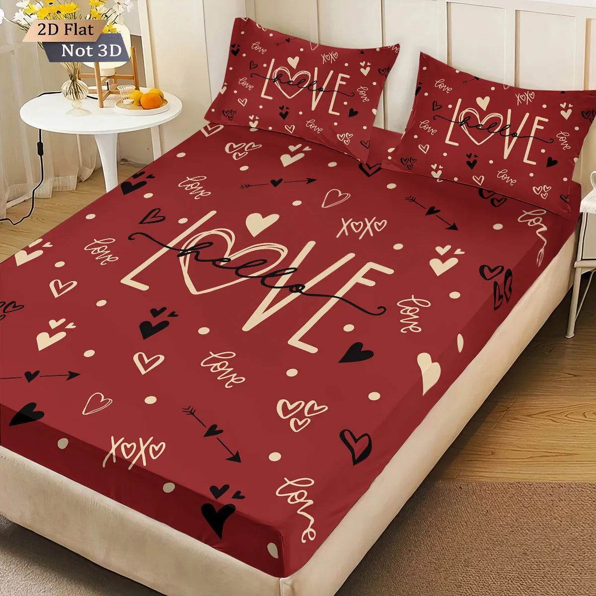 3pcs Valentine's Day Romantic Red LOVE Print.  Choreless Bed Sheet Set with Multi Size Bed Cover.